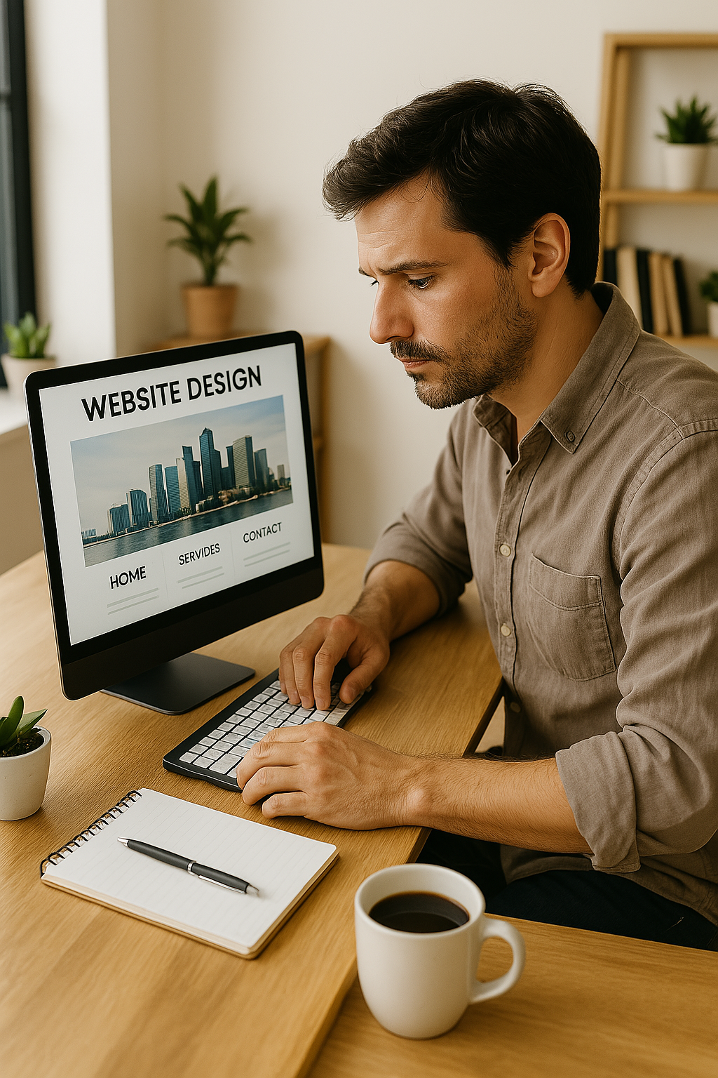 Webseite gestalten am Computer neben Kaffee und Notizblock Webseite gestalten am Computer neben Kaffee und Notizblock